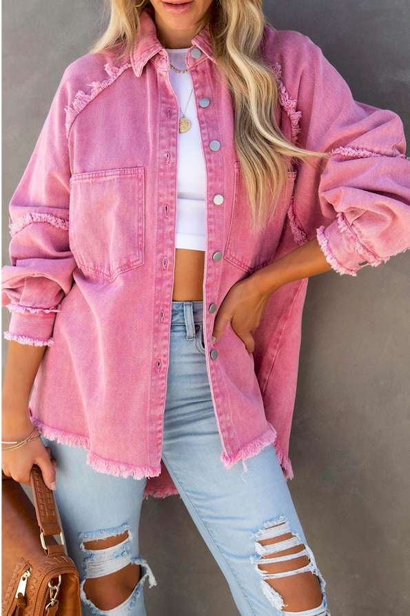 Pink Frayed Hemline Denim Shacket