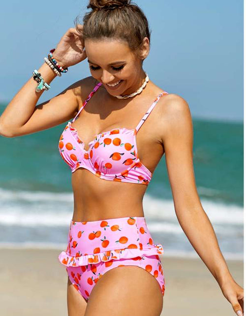 Load image into Gallery viewer, Pink Fruit Print Ruffled Detail High Waist Bikini
