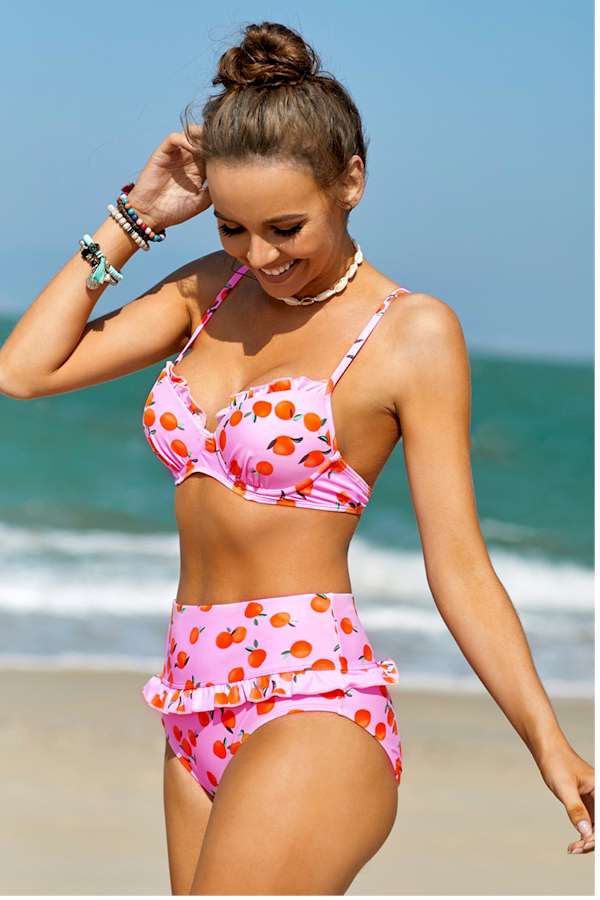 Pink Fruit Print Ruffled Detail High Waist Bikini