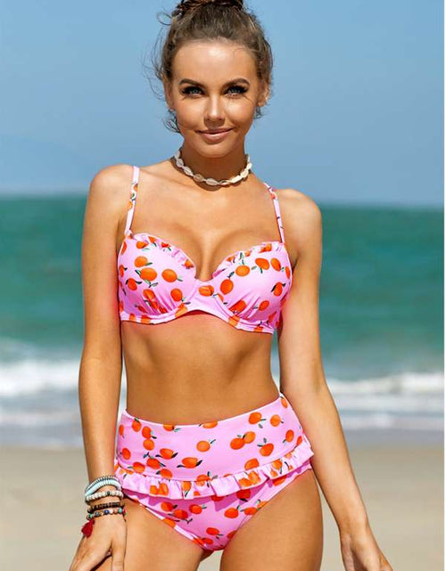 Load image into Gallery viewer, Pink Fruit Print Ruffled Detail High Waist Bikini
