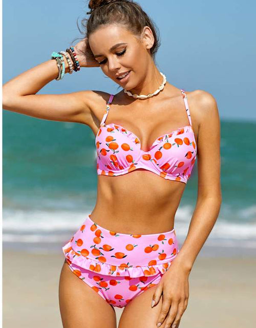 Load image into Gallery viewer, Pink Fruit Print Ruffled Detail High Waist Bikini
