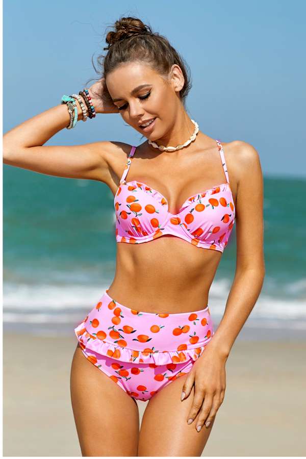 Pink Fruit Print Ruffled Detail High Waist Bikini