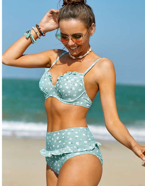 Load image into Gallery viewer, Pink Fruit Print Ruffled Detail High Waist Bikini
