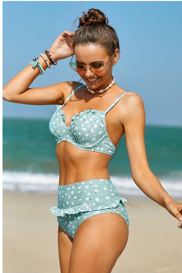 Pink Fruit Print Ruffled Detail High Waist Bikini