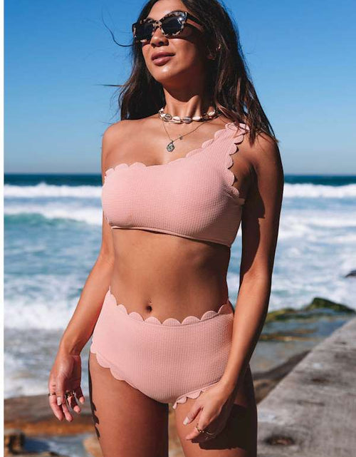 Load image into Gallery viewer, Pink High Waist Scalloped Trim One Shoulder Bikini
