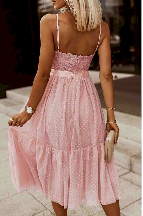 Pink Lace Crochet Polka Dot Pleated Cami Dress