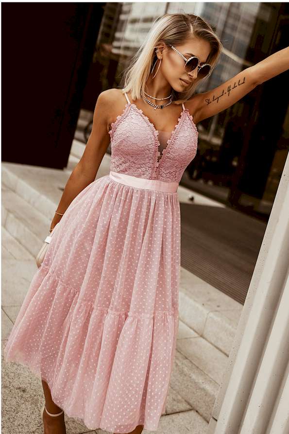 Pink Lace Crochet Polka Dot Pleated Cami Dress