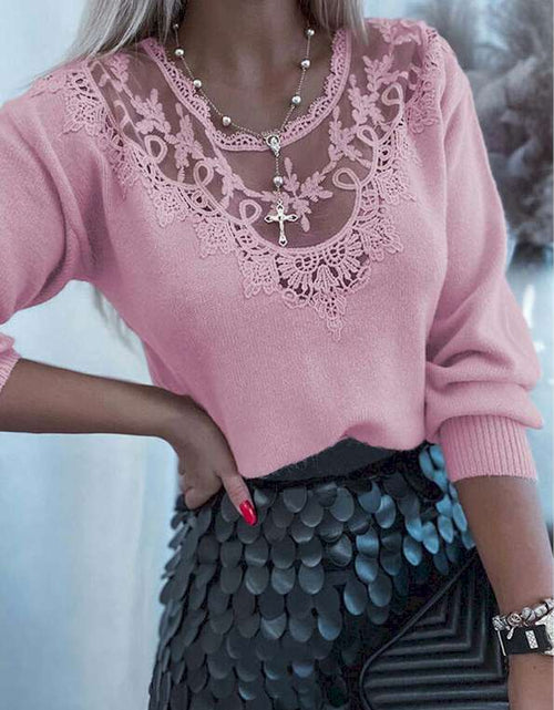 Load image into Gallery viewer, Pink Lace Splicing Knitted Sweater
