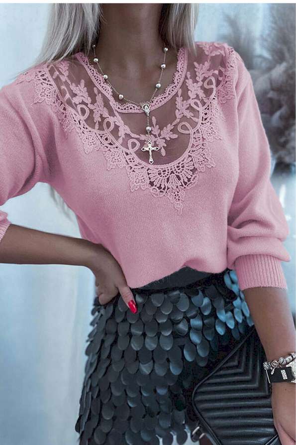 Pink Lace Splicing Knitted Sweater