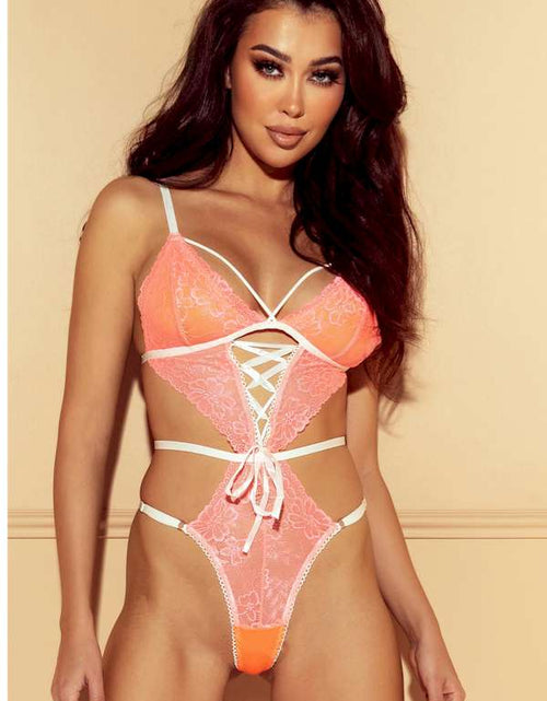 Load image into Gallery viewer, Pink Lace Strappy Sexy Teddy Lingerie
