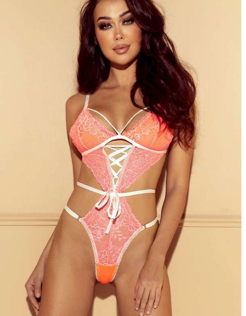 Load image into Gallery viewer, Pink Lace Strappy Sexy Teddy Lingerie
