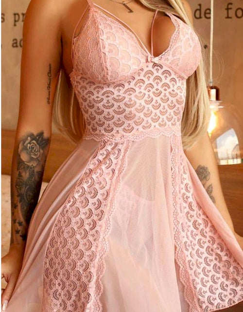 Load image into Gallery viewer, Pink Lace Tulle Flare Babydoll with Thong
