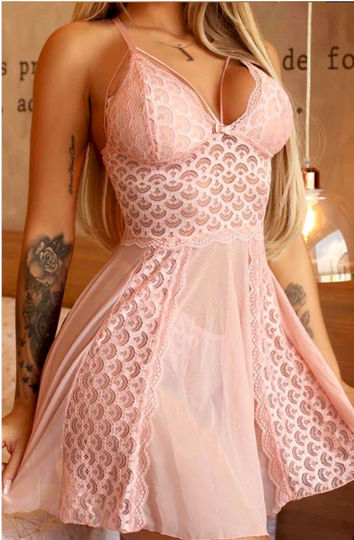 Pink Lace Tulle Flare Babydoll with Thong