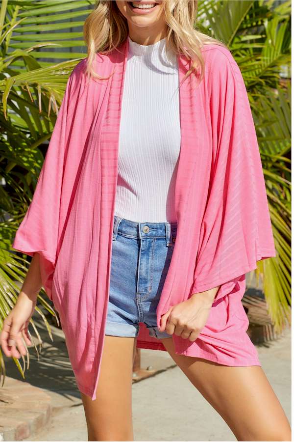 Pink Open Front Kimono Sleeves Knit Cardigan