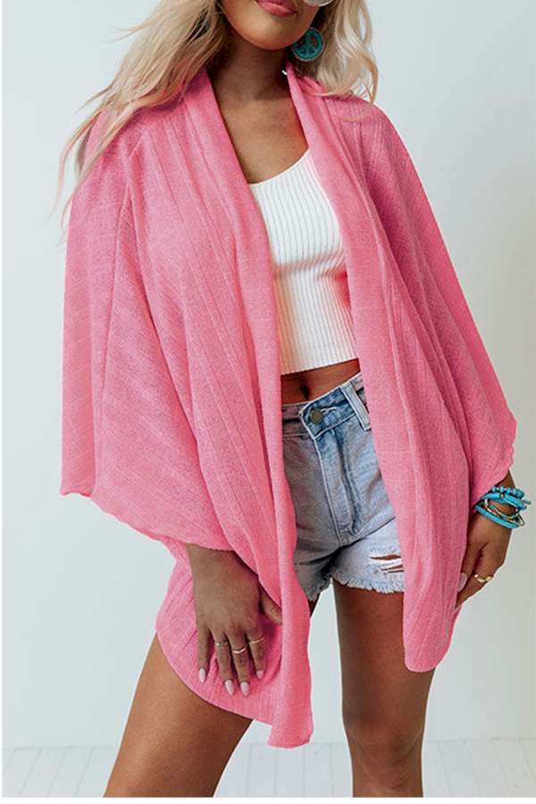 Pink Open Front Kimono Sleeves Knit Cardigan