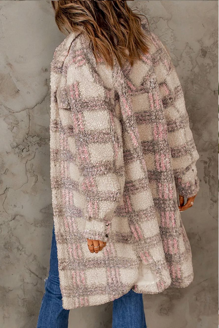 Pink Plaid Emboss Polar Fleece Long Coat