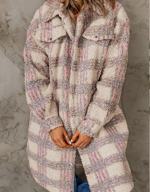 Load image into Gallery viewer, Pink Plaid Emboss Polar Fleece Long Coat
