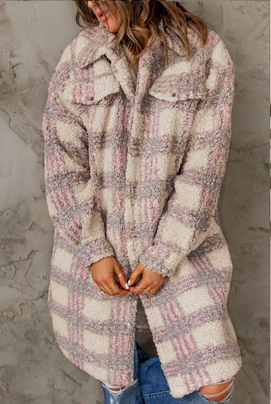 Pink Plaid Emboss Polar Fleece Long Coat