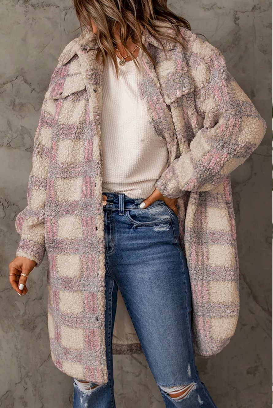 Pink Plaid Emboss Polar Fleece Long Coat