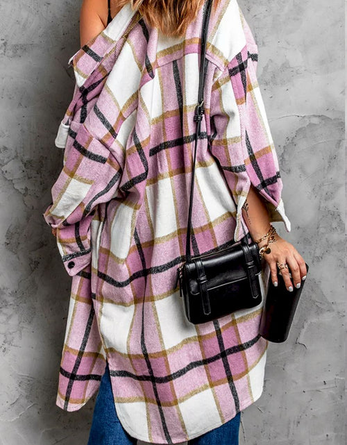 Load image into Gallery viewer, Pink Plaid Print Long Shirt Jacket
