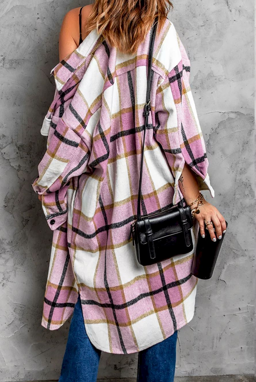 Pink Plaid Print Long Shirt Jacket