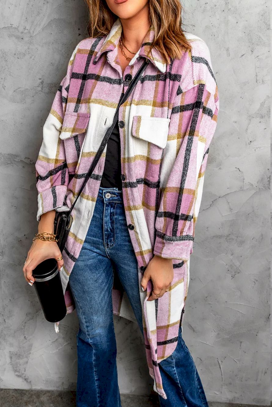 Pink Plaid Print Long Shirt Jacket