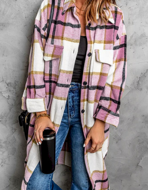 Load image into Gallery viewer, Pink Plaid Print Long Shirt Jacket
