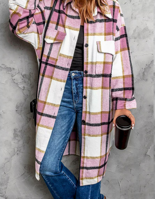 Load image into Gallery viewer, Pink Plaid Print Long Shirt Jacket
