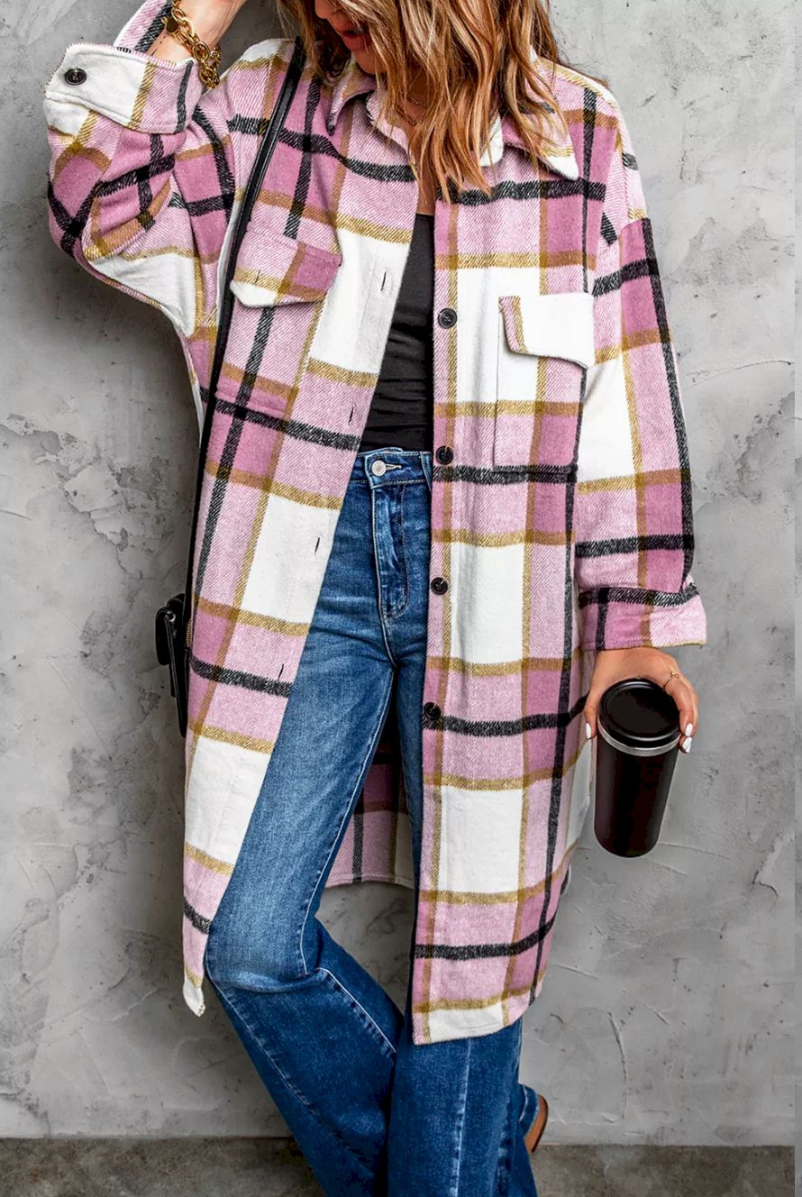 Pink Plaid Print Long Shirt Jacket