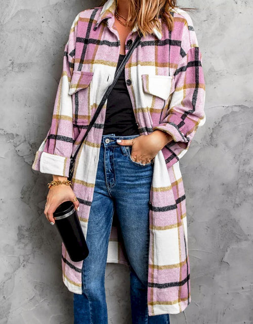 Load image into Gallery viewer, Pink Plaid Print Long Shirt Jacket
