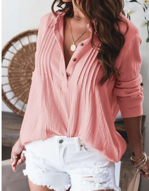 Load image into Gallery viewer, Pink Pleated Half Buttoned Waffle Knit Blouse
