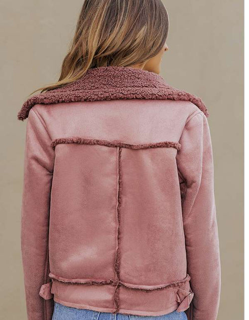 Load image into Gallery viewer, Pink Plush Lining Suede Cropped Double Breasted Coat
