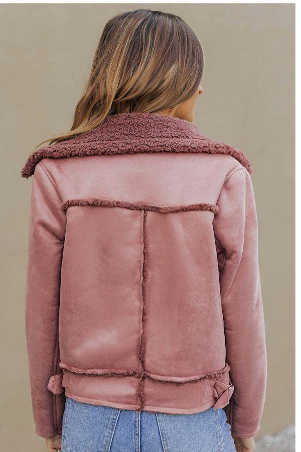 Pink Plush Lining Suede Cropped Double Breasted Coat