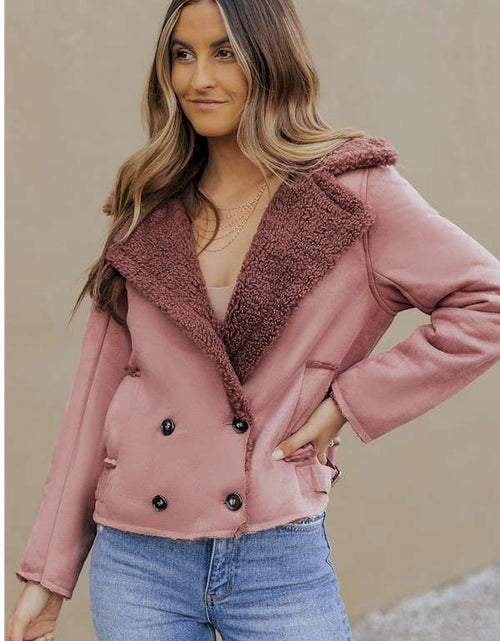 Load image into Gallery viewer, Pink Plush Lining Suede Cropped Double Breasted Coat
