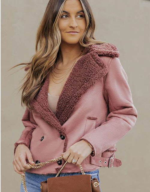 Load image into Gallery viewer, Pink Plush Lining Suede Cropped Double Breasted Coat
