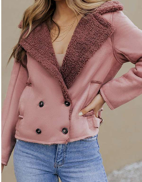 Load image into Gallery viewer, Pink Plush Lining Suede Cropped Double Breasted Coat
