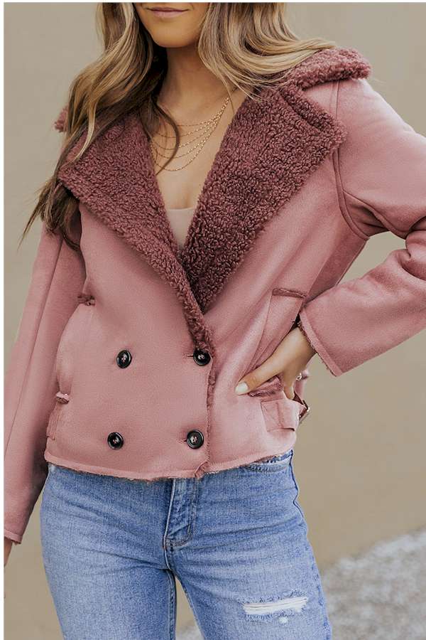 Pink Plush Lining Suede Cropped Double Breasted Coat