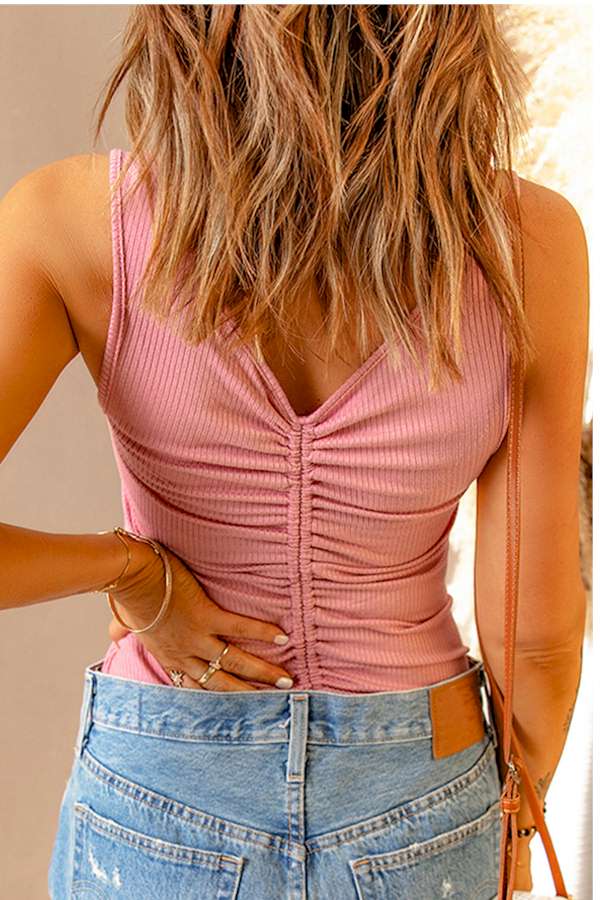 Pink Ruched Ribbed Knit Slim-fit Tank Top