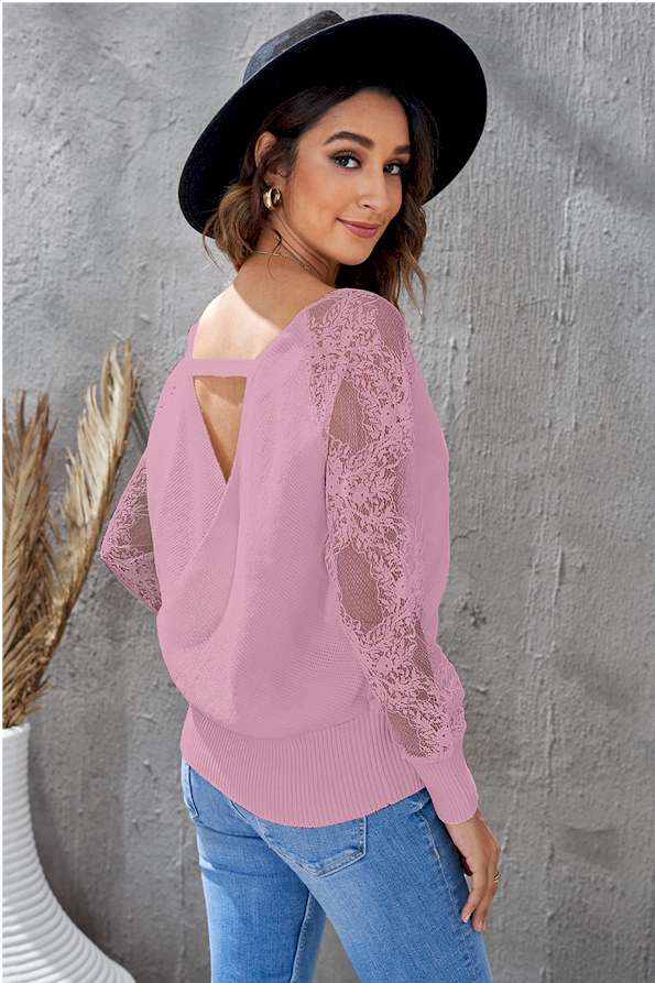 Pink Sexy V Neck Surplice Hollow-out Sweater with Lace Sleeves