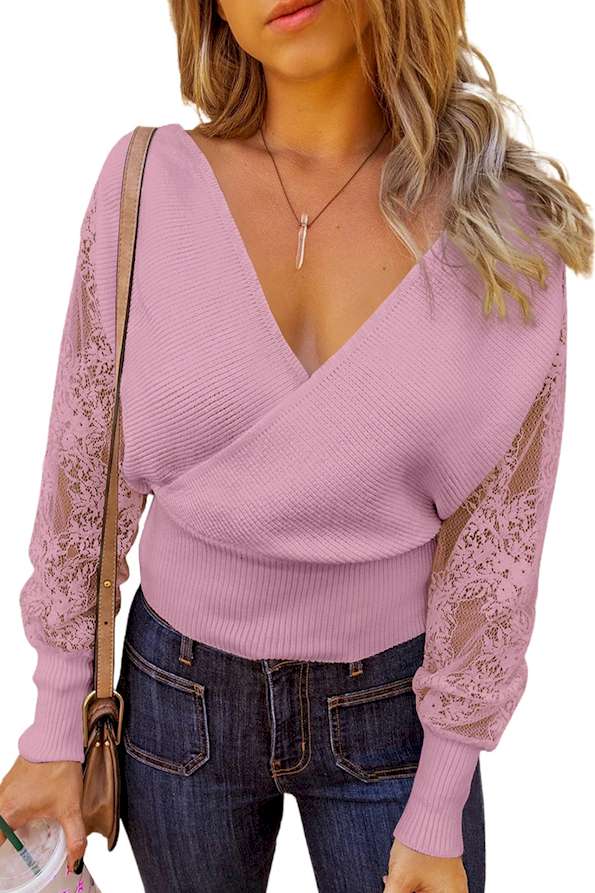 Pink Sexy V Neck Surplice Hollow-out Sweater with Lace Sleeves