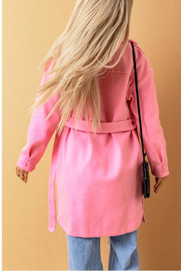 Pink Solid Color Buttoned Coat with Tie