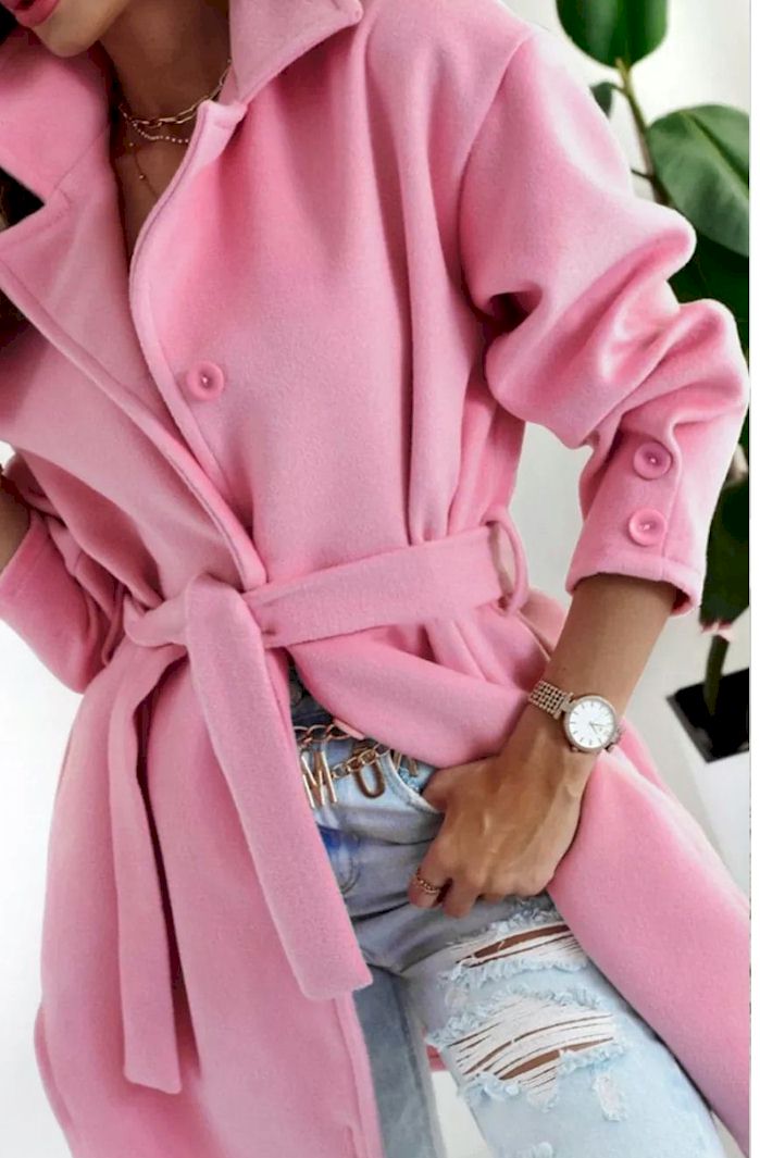 Pink Solid Color Buttoned Coat with Tie