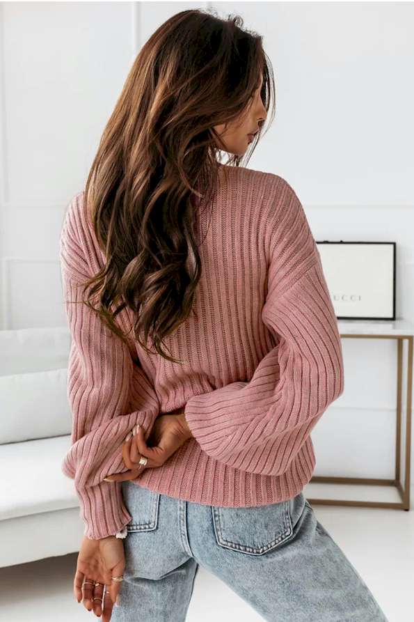 Pink Solid Color Ribbed Loose Knit Sweater