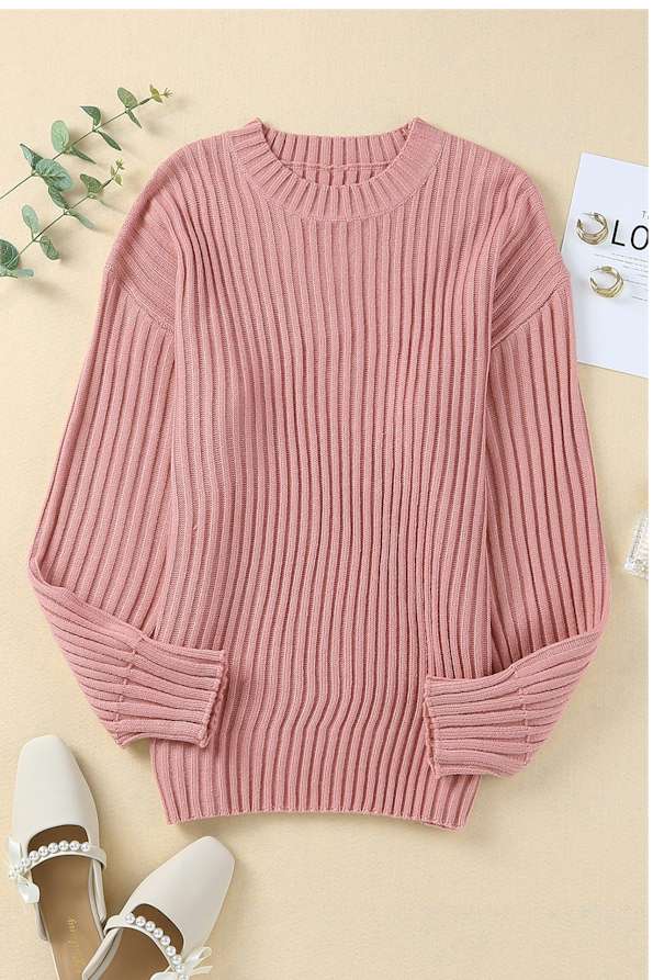 Pink Solid Color Ribbed Loose Knit Sweater