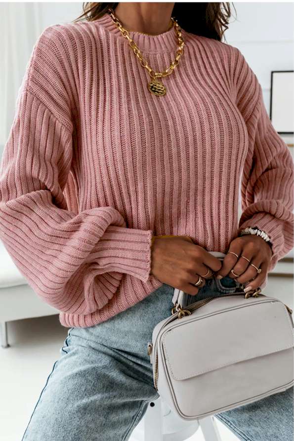 Pink Solid Color Ribbed Loose Knit Sweater