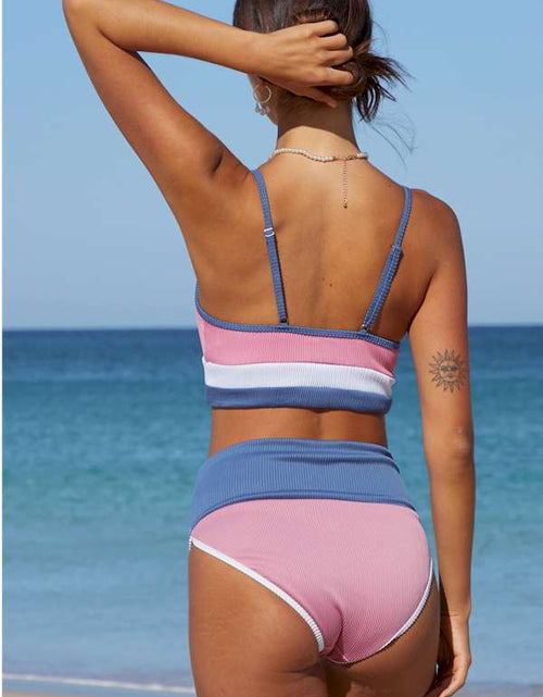 Load image into Gallery viewer, Pink Spaghetti Straps Colorblock Ribbed High Waisted Swimsuit
