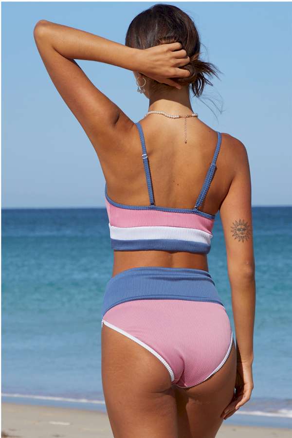 Pink Spaghetti Straps Colorblock Ribbed High Waisted Swimsuit