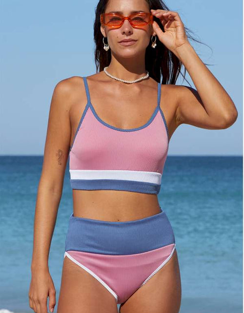 Load image into Gallery viewer, Pink Spaghetti Straps Colorblock Ribbed High Waisted Swimsuit
