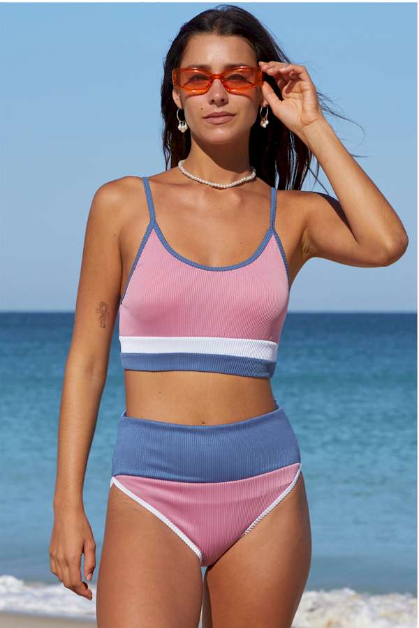 Pink Spaghetti Straps Colorblock Ribbed High Waisted Swimsuit