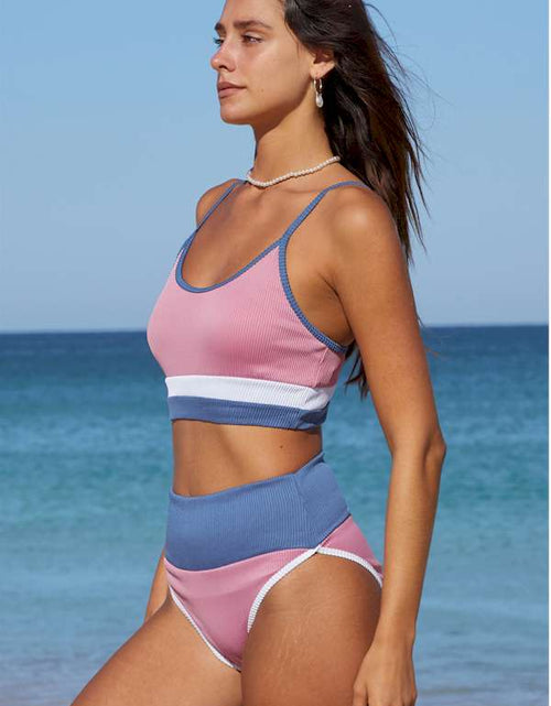 Load image into Gallery viewer, Pink Spaghetti Straps Colorblock Ribbed High Waisted Swimsuit
